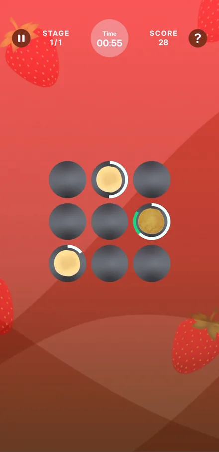 Crepe Flip concentration game in Cognitia with a timer, stage counter and live score