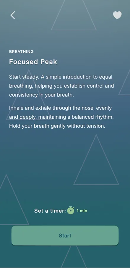 Focused Peak breathing exercise in Cognitia explaining equal breathing with a one-minute timer