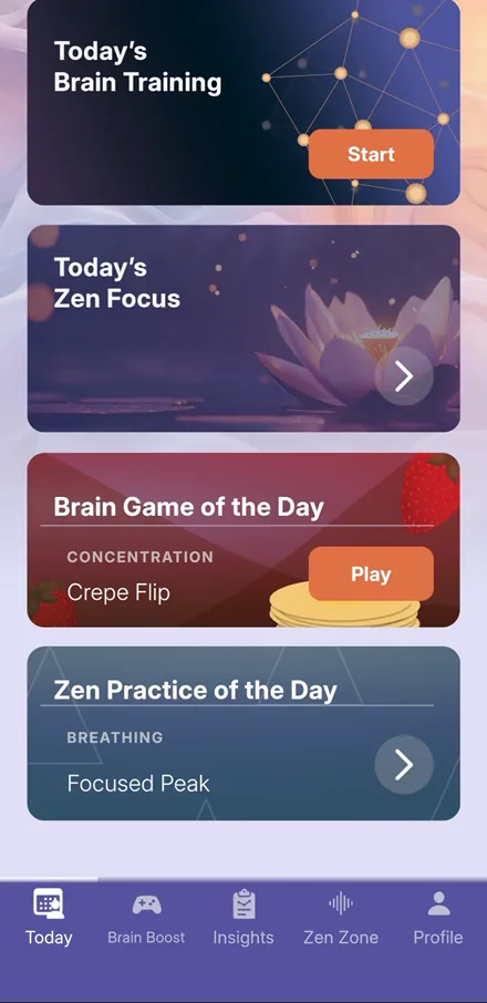 Cognitia home screen with today's brain training, today's Zen focus, the brain game of the day and the daily breathing practice